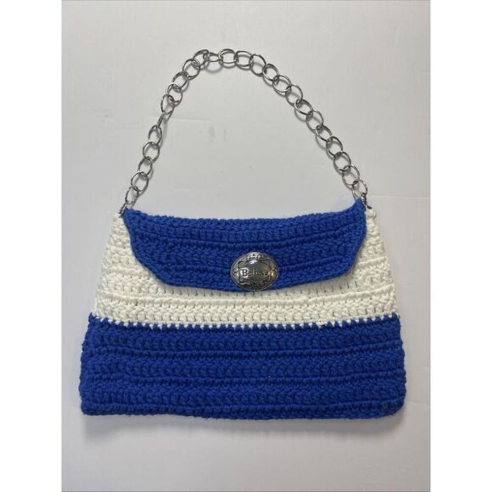 Crochet Blue/White Shoulder Bag, Metal Link Strap & Silver "Believe"Closure Snap